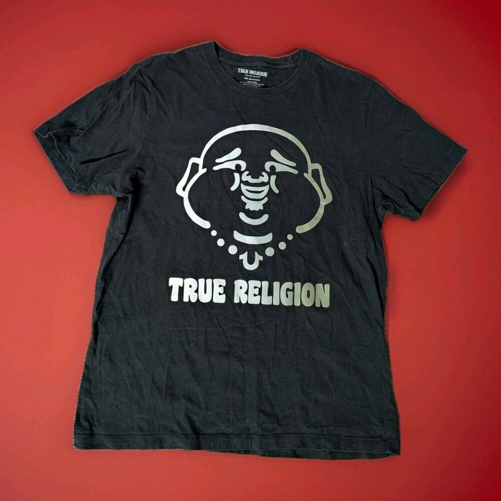 TRUE‎ RELIGION BUDDHA Face T Shirt Size L Tee Mens LOGO Cotton Crew Black